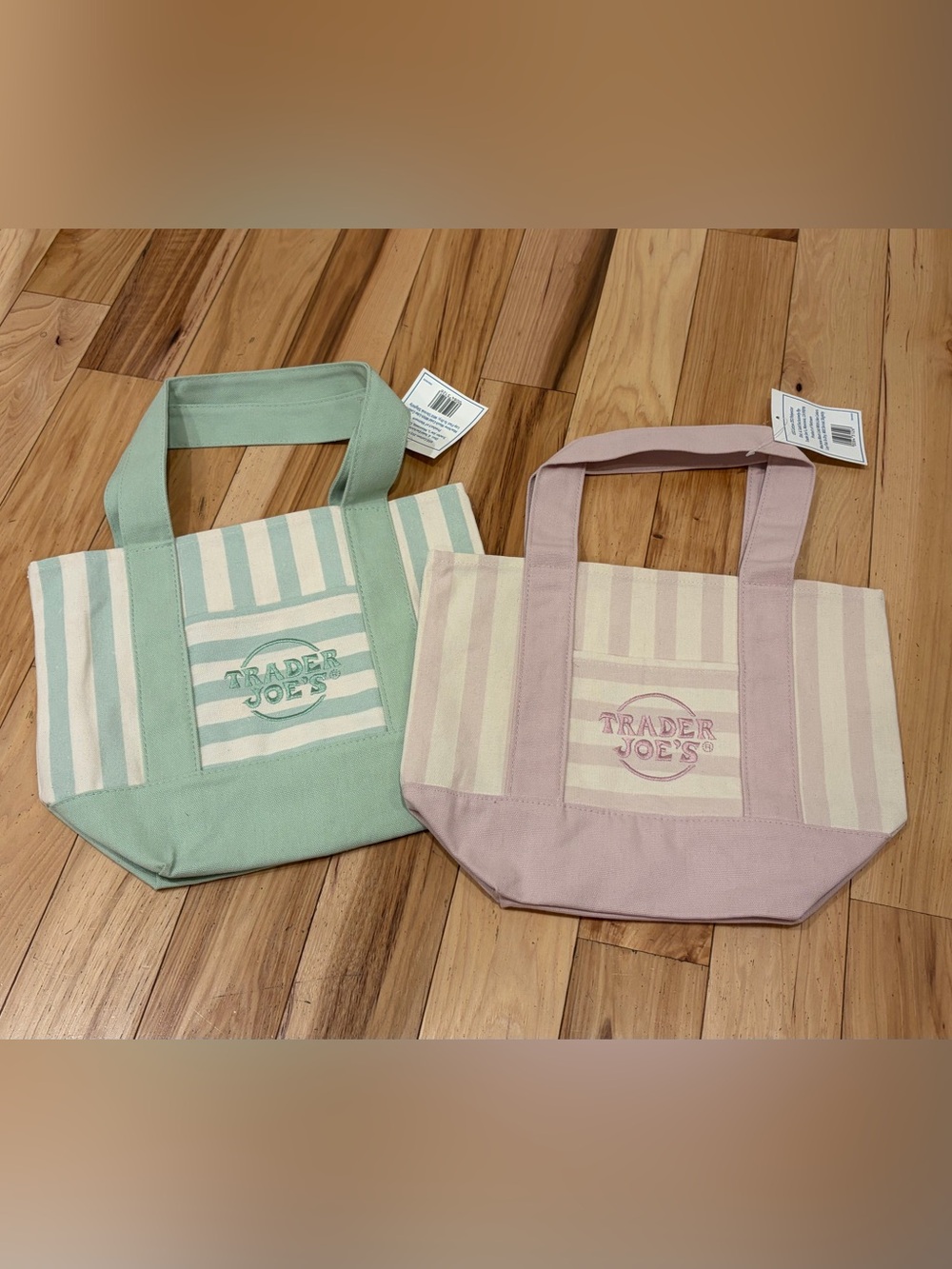NWT Trader Joe’s Bundle Set of Two Reusable Mini Pastel Striped Canvas Tote Bags